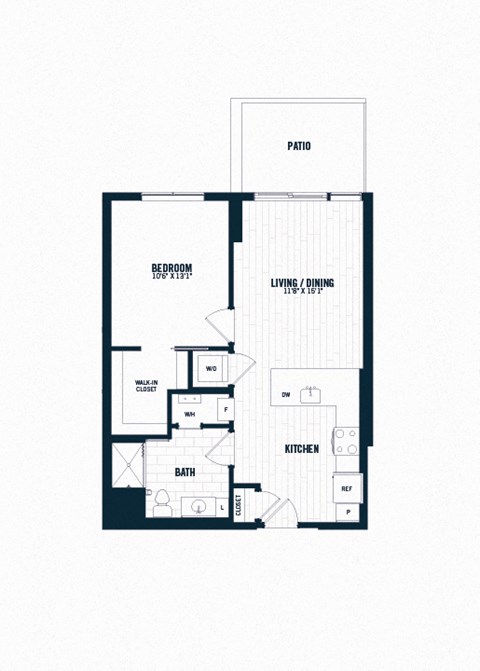 Floor plan for 1 bed, 1 bath, 688 sqft